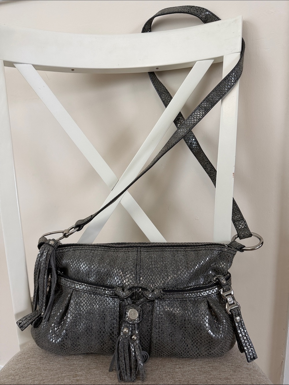 B. Makowsky Charcoal Snake Embossed Crossbody Bag with Tassel